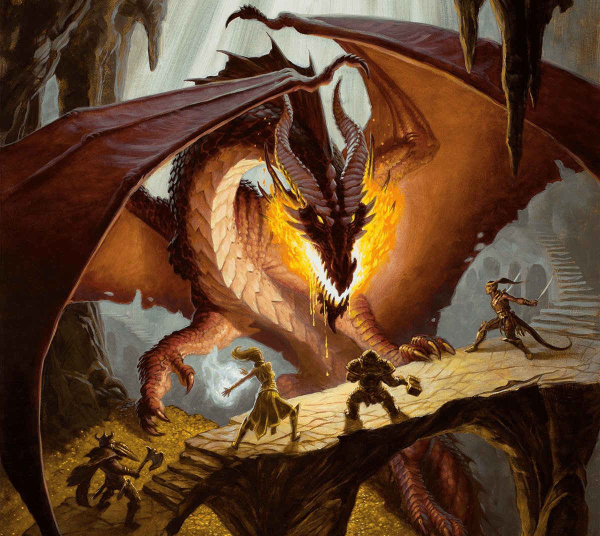 Artwork for Dungeons & Dragons depicting a party of adventurers facing off against an angry dragon