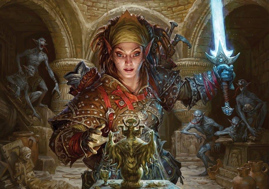 Artwork for Pathfinder 2E, featuring an adventurer reaching for a treasure, with a gang of ghouls emerging behind her.