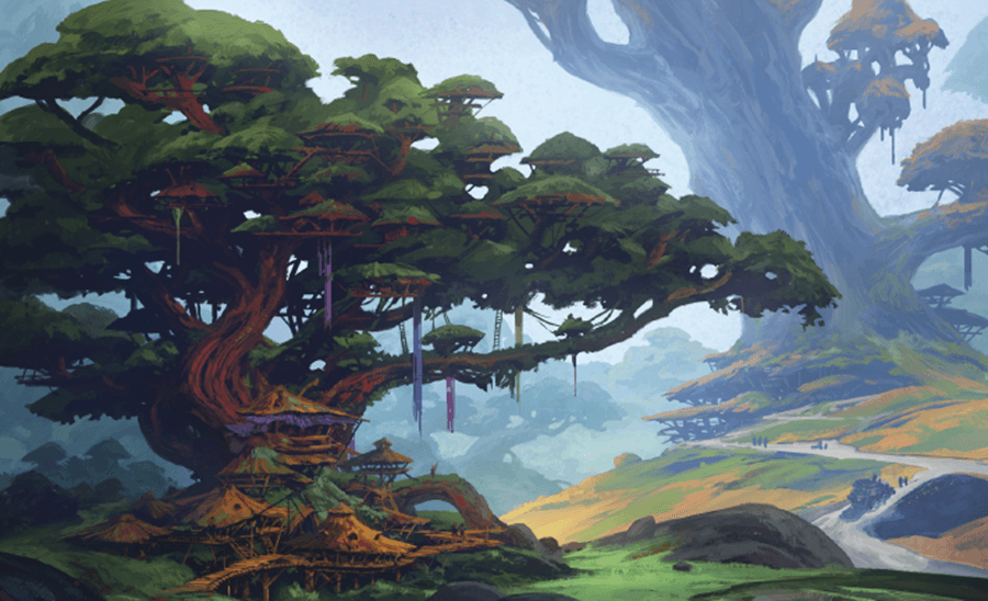 Artwork for Daggerheart featuring a giant tree playing host to a community of houses.
