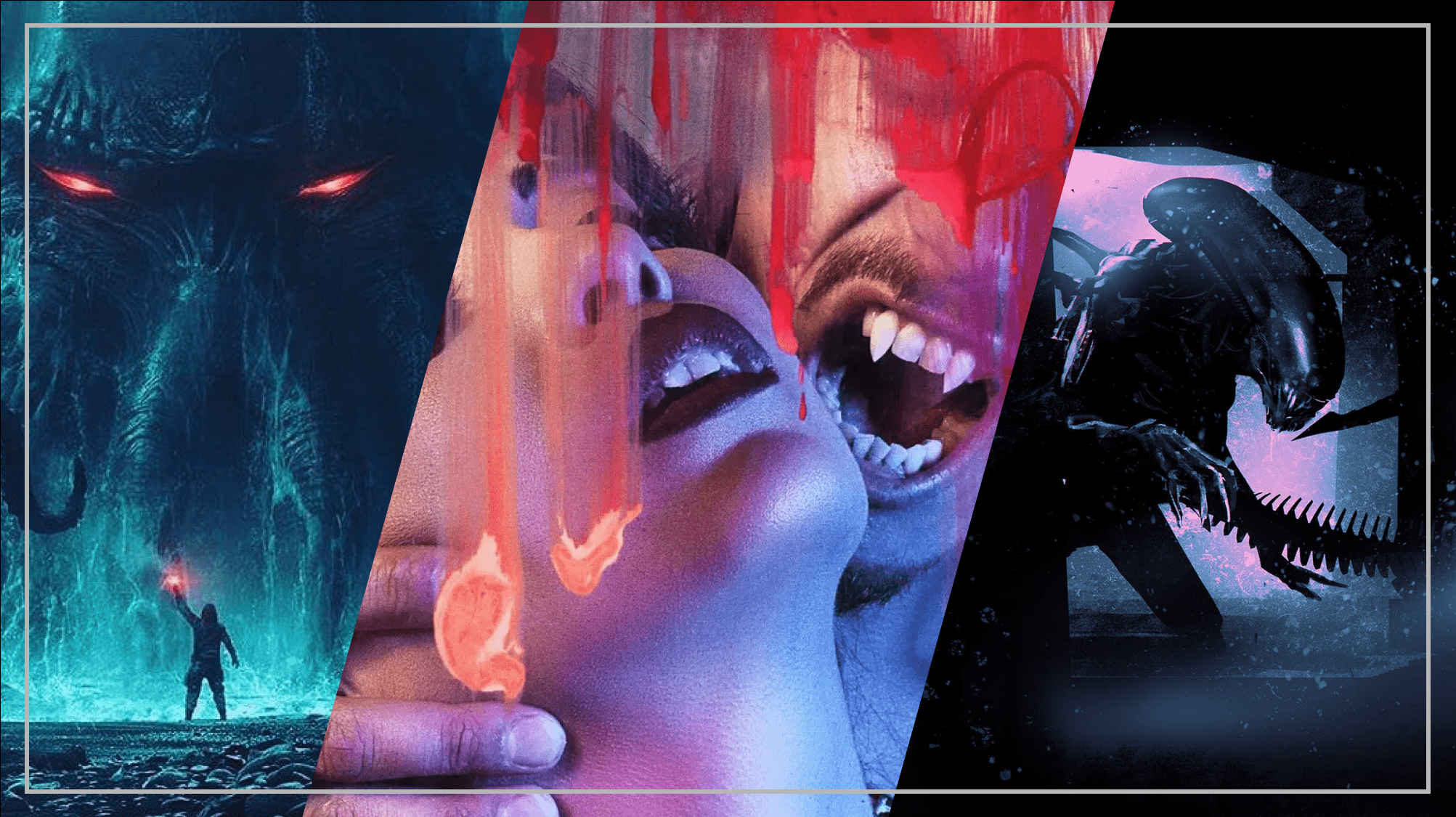 An image made up of artwork from the Call of Cthulhu RPG, Vampire the Masquerade and the Alien RPG.