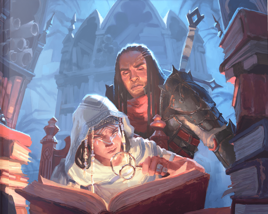 Artwork for Dungeons & Dragons: Candlekeep Mysteries, featuring two characters looking over an ancient tome.