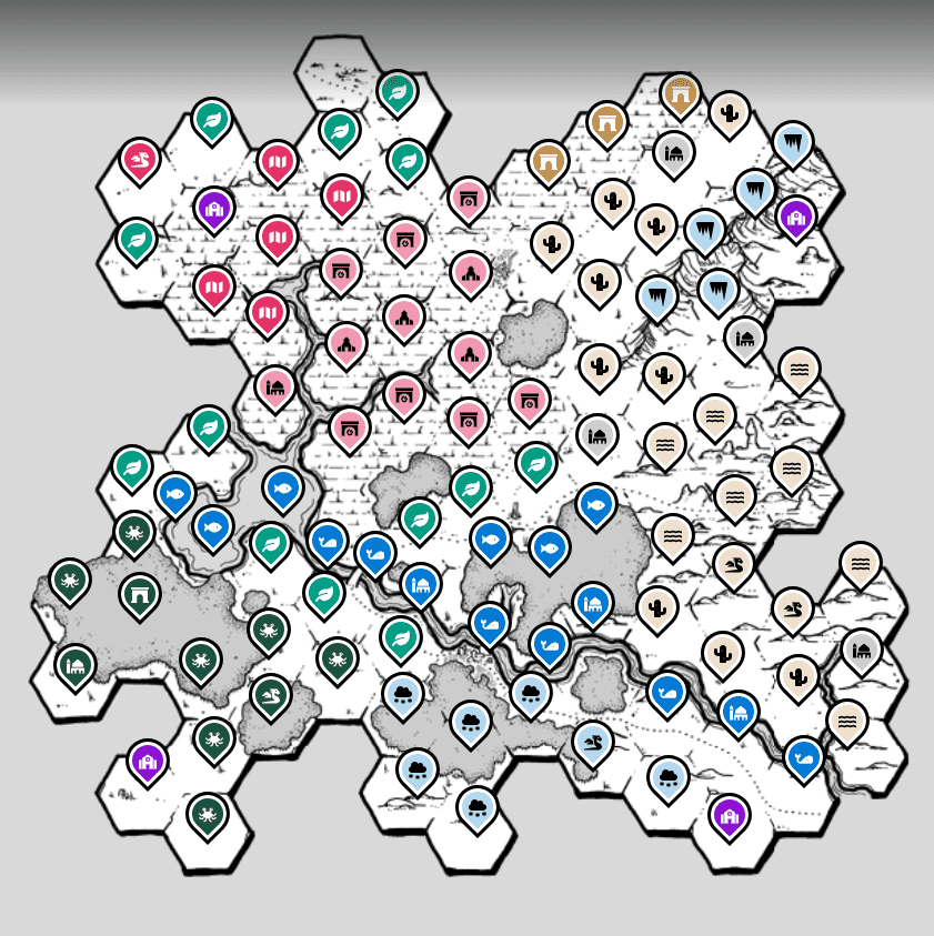 A screenshot of a hexcrawl map made on the Legendkeeper platform.