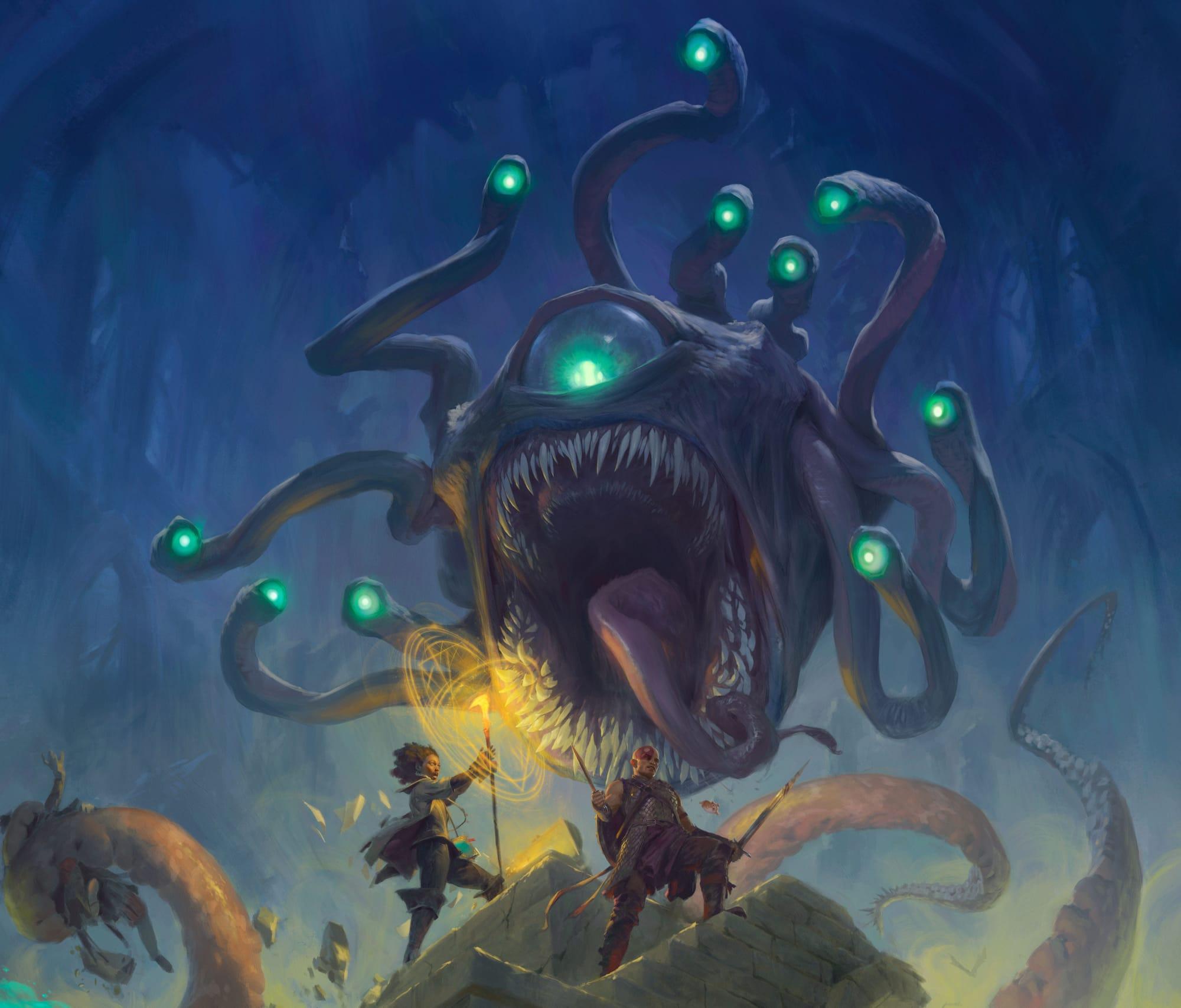 The front cover of the Dungeons & Dragons (2024) Monster Manual, featuring a Beholder threatening a team of adventurers.