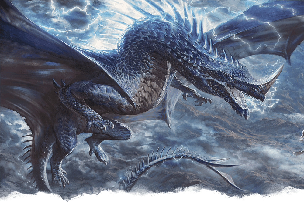 Artwork for Dungeons & Dragons, picturing a blue dragon flying through the air.