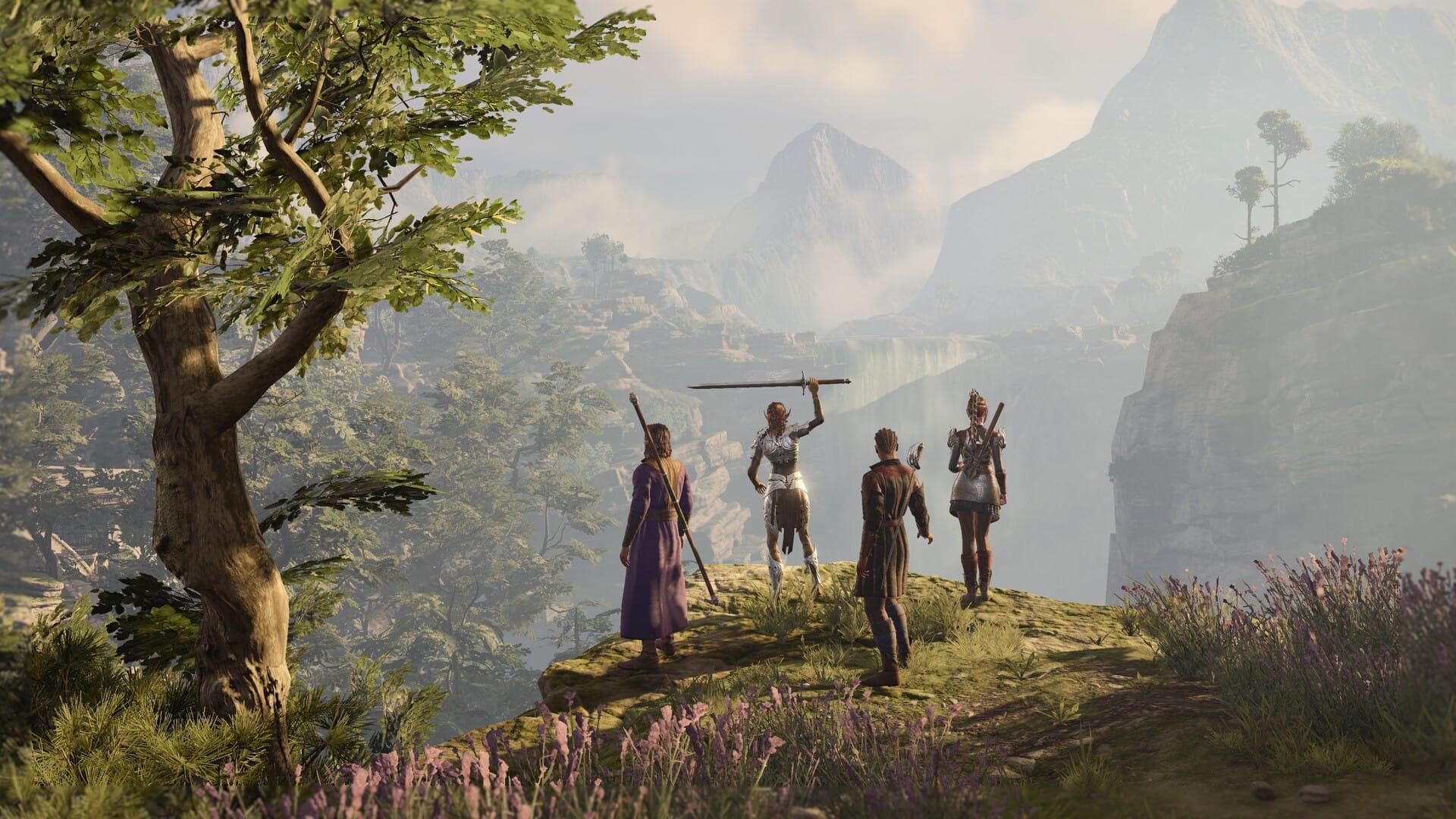 A screenshot from Baldur's Gate III depicting several characters standing atop a cliff.