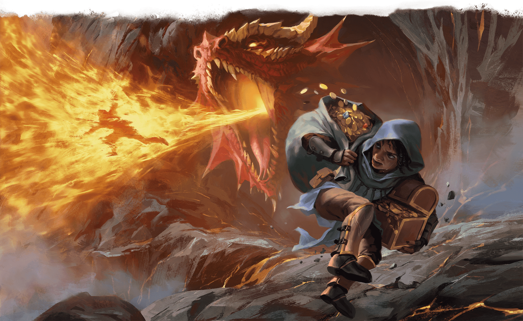 Artwork for the Dungeons & Dragons: Player's Handbook (2024) depicting a thief stealing a chest of treasure from a dragon.