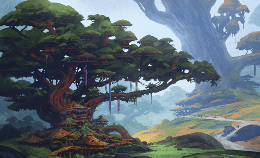 Artwork for Daggerheart featuring a giant tree playing host to a community of houses.